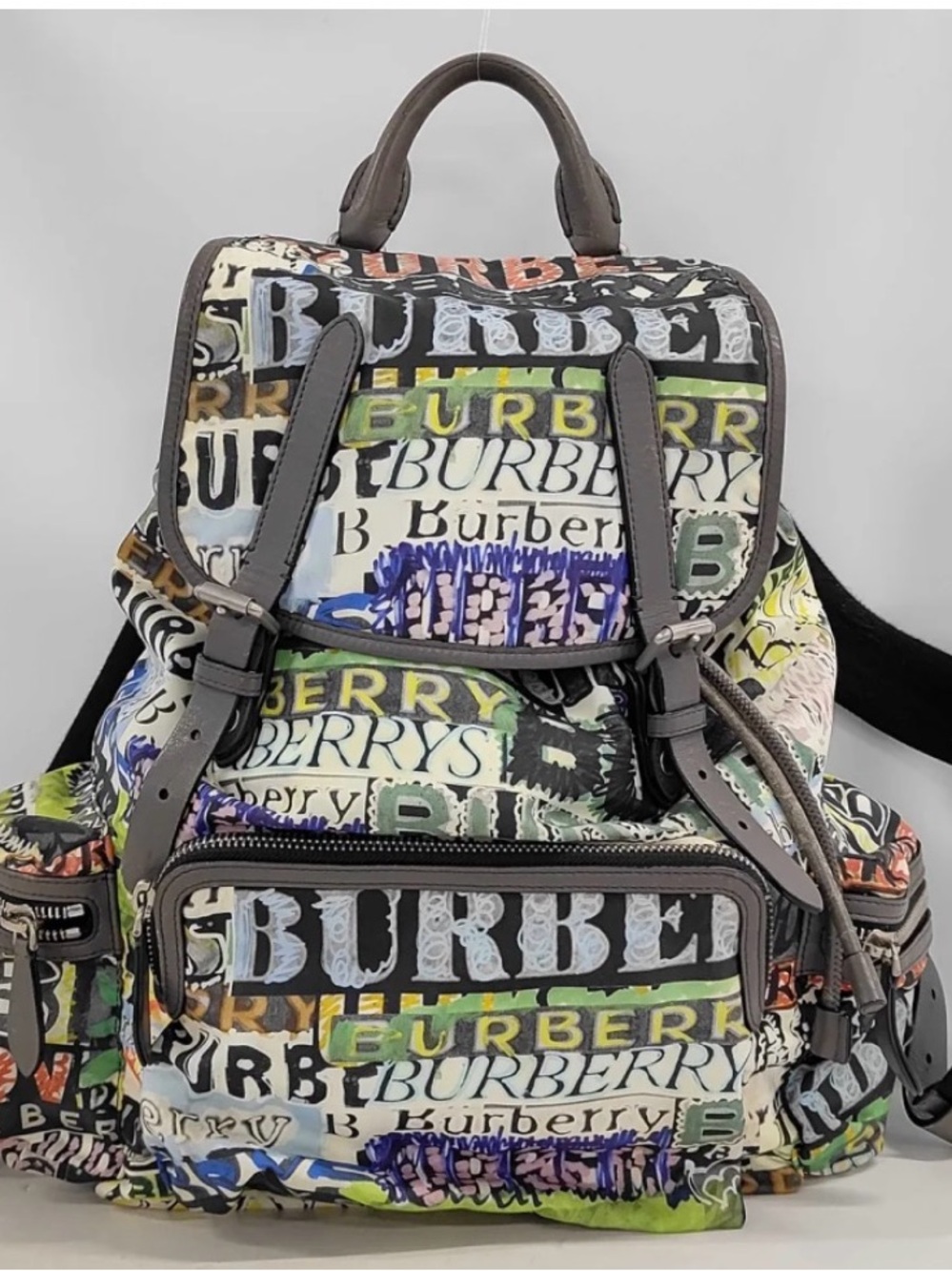 Burberry Multicolor Graffiti Logo Canvas Backpack with Gray Leather Trim